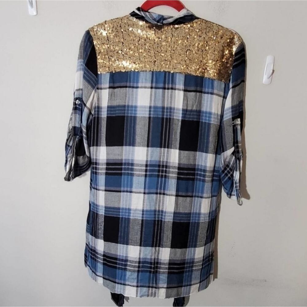 E2‎ PLAID and gold sequin back asymmetrical hem jacket wrap size medium